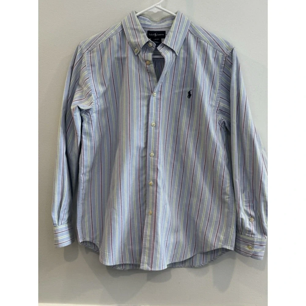 Ralph Lauren Boys Button Down L 14-16 Blue Stripe Oxford Preppy School Shirt